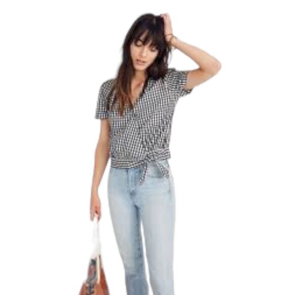Madewell Gingham Check Short Sleeve Wrap Top XSmall - Picture 1 of 4